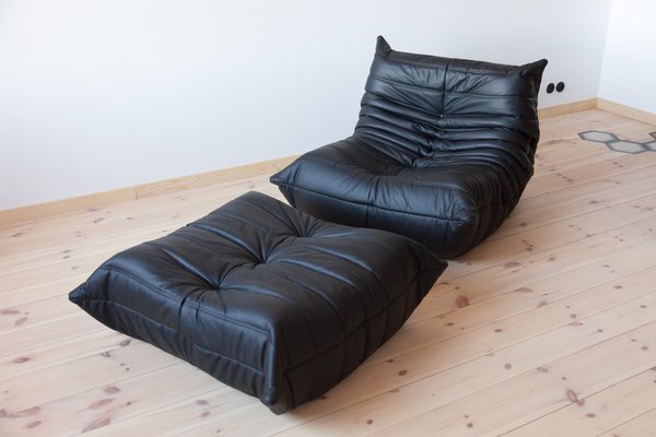 Set of Black Leather Togo Lounge Chair and Pouf by Michel Ducaroy