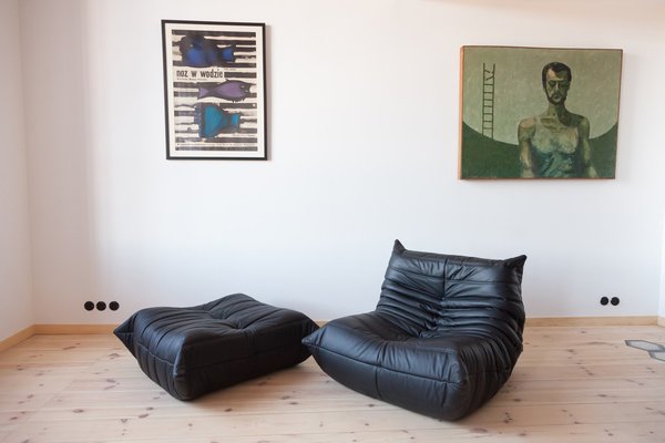 Set of Black Leather Togo Lounge Chair and Pouf by Michel Ducaroy