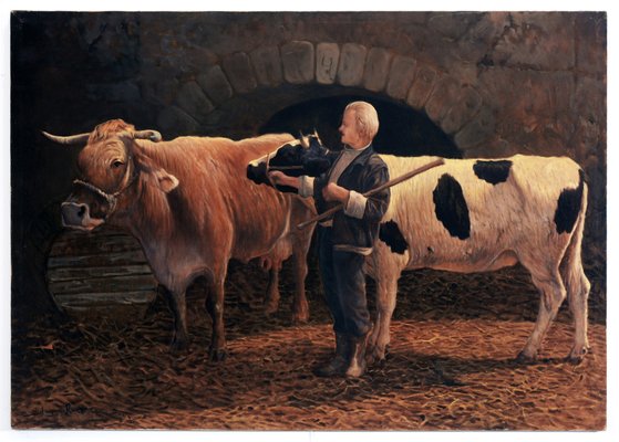 Armando Romano, In the Stable, 20th Century, Oil on Canvas for