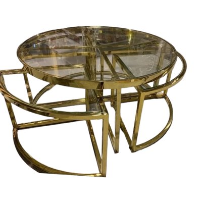 Vintage Gold Metal and Glass Coffee Table with Nesting Tables Set