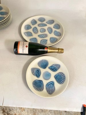 2 Large Oyster Plates and 6 Plates in Ceramic Blue and White attributed to Elchinger France 1960s Set of 8