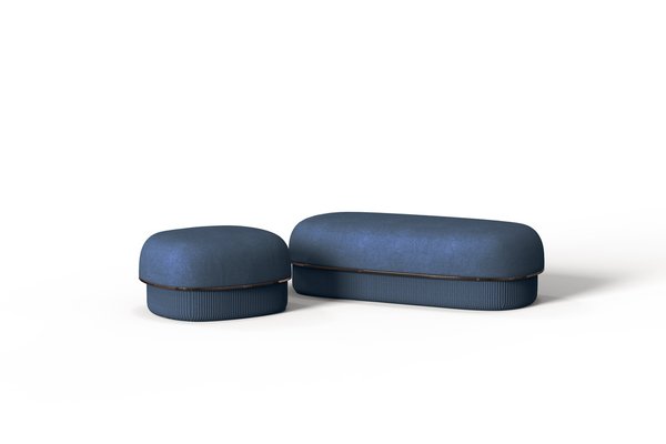 Modern Gentle Small Pouf in Blue Fabric and Bronze Metal by Javier