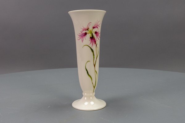 German White Porcelain Vase with Pink Feather Carnation Flower by Hutschenreuther, 1950s