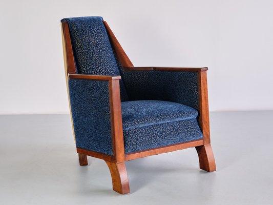Art Deco Armchair in Blue Velvet and Maple Northern France 1920s