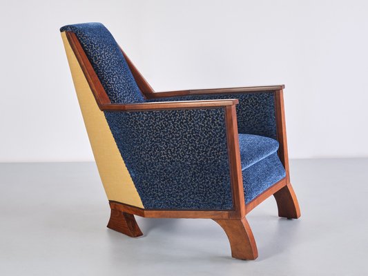 Art Deco Armchair in Blue Velvet and Maple Northern France 1920s