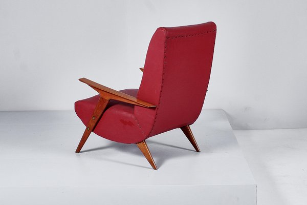 Mid-Century Shaped Wood and Red Leather Armchair by Graffi