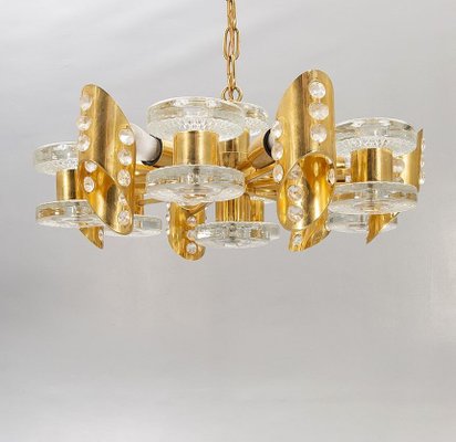 Scandinavian Chandelier in Brass and Glass from Orrefors Scandinavian Chandelier in Brass and Glass from Orrefors