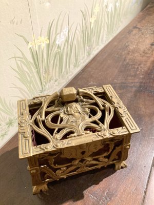 Antique French Art Nouveau Pierced Gilt Bronze Jewelry Box