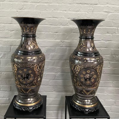 Large Black and Gold Etched Brass Vases, Set of 2 for sale at Pamono
