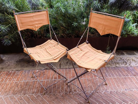 Creole Boat Folding Chairs in Stainless Steel and Canvas attributed to  Maurizio Gucci, 1985, Set of 2