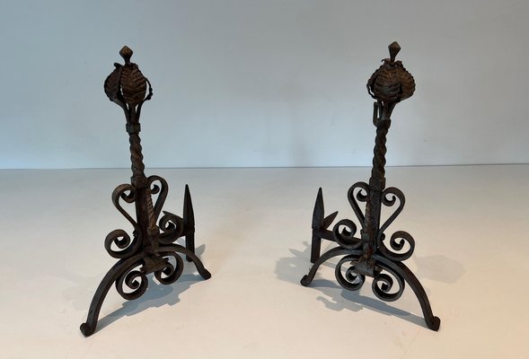 A Pair of French Black Brushed Metal Andirons A Pair of French Black Brushed Metal Andirons