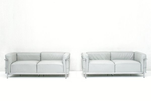 Set of LC3 Sofas in Grey Leather and Chrome by Le Corbusier, Pierre  Jeanneret and Charlotte Perriand for Cassina, 1990s