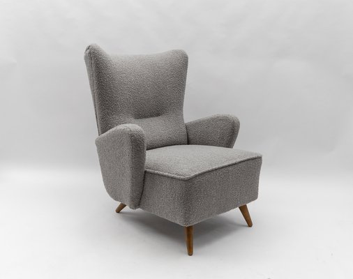 Large Grey Boucle Fabric Wingback Armchair Italy 1950s