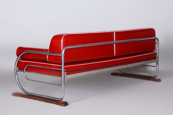 Canapé Bauhaus Rouge en Acier Plaqué Chrome & Cuir de Haute