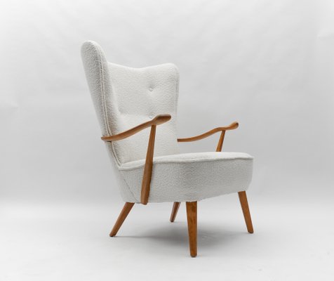 Large Grey Boucle Fabric Wingback Armchairs with Ergonomic