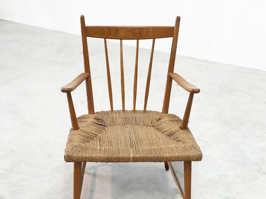 Dutch Rattan and Oak Lounge Easy Chair 1960s for sale at Pamono
