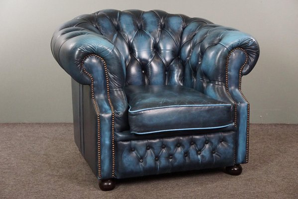 English Chesterfield Armchair in Jeans Blue Leather for sale at Pamono