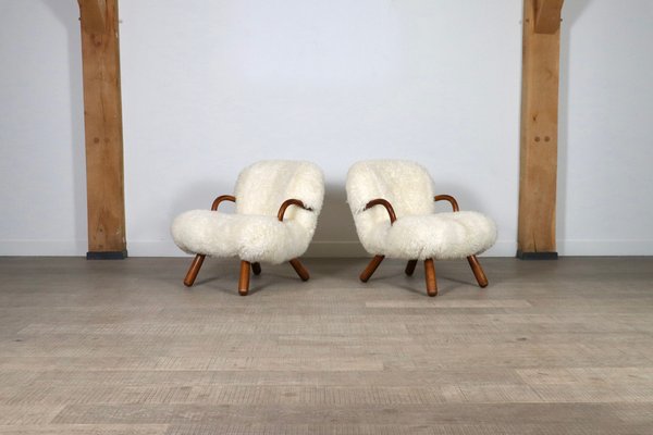 Set of Early Clam Chairs in Curly Sheepskin by Madsen Schübel