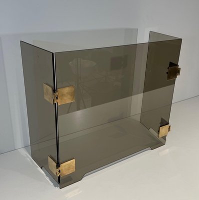 Three Leaf Glass & Brass Fire Screen Attributed to Jacques Adnet Three Leaf Glass & Brass Fire Screen Attributed to Jacques Adnet