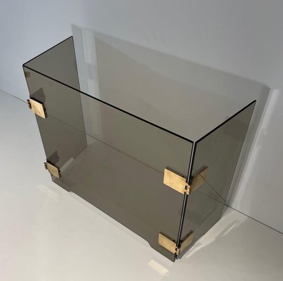 Three Leaf Glass & Brass Fire Screen Attributed to Jacques Adnet Three Leaf Glass & Brass Fire Screen Attributed to Jacques Adnet