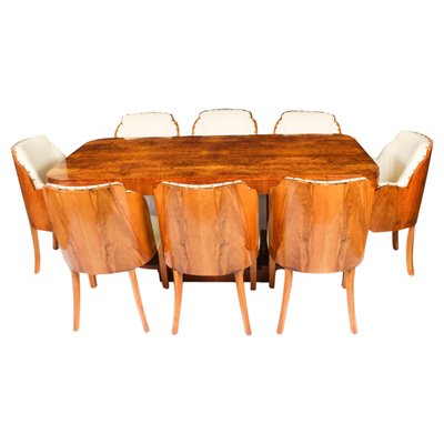 Art Deco Burr Walnut Dining Table and Cloud Back Chairs 1920s Set of 9