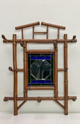 Perchero francés vintage de bambú de pared con espejo, años 40 en