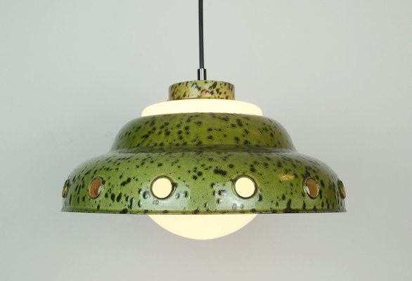 Mid-Century Pendant Light in Enamel Metal White Glass, 1970s for