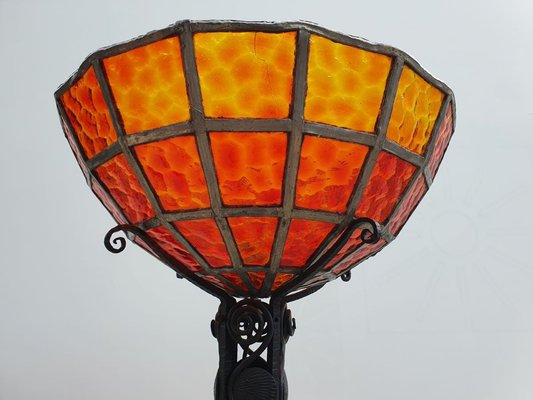 Art Deco Lamp in Forged Iron and Red Stained Glass 1930 for sale