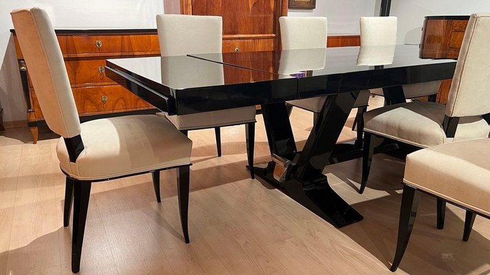 Art Deco Extendable Dining Table in Piano Lacquer with White Gold