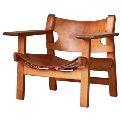 Danish Modern Spanish Chair in Oak and Saddle Leather attributed to Borge Mogensen for Fredericia 1950s for sale at Pamono