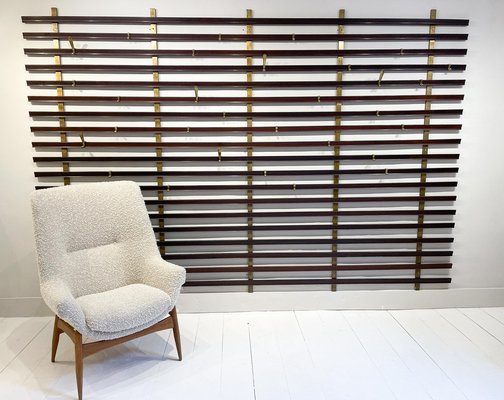 Mid-Century Slatted Coat Rack with Brass Hooks attributed to Jules