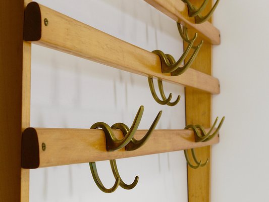 Large Mid Century Coat Rack in Beech with 8 Brass Hooks attributed to Carl Aubock 1950s for sale at Pamono