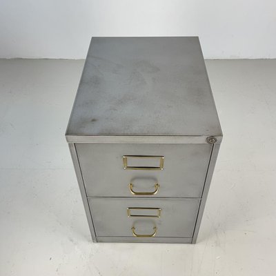 2 Drawer Filing Cabinet in Stripped Steel with Brass Handles for