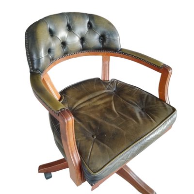 Antique Walnut and Leather Captain s Swivel Chair on Casters for