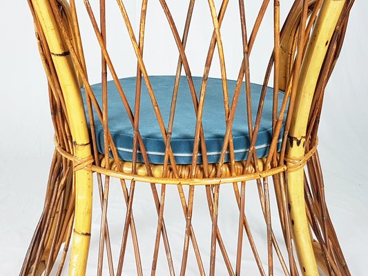 Rush Rattan Blue Velvet Armchair 1960s