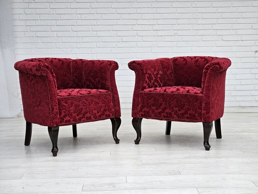 Vintage Danish Lounge Chairs in Red Cotton and Wool Fabric 1950s