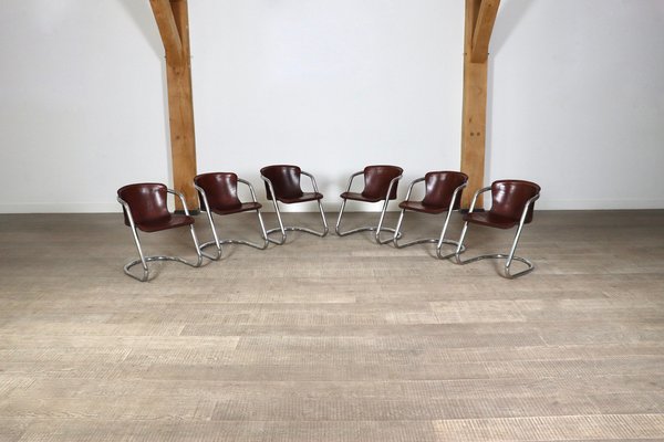 Tubular Chrome and Saddle Leather Dining Chairs from Metaform