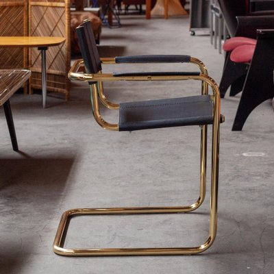Tubular Dining Chairs in Brass and Black Leather 1970s Set of 4
