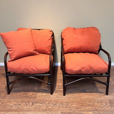 Manou Rattan Armchairs with Orange Cushions 1980s Set of 2 for