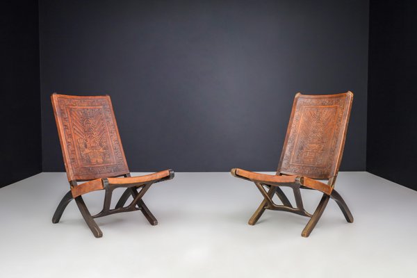 Set of Cognac-Colored Saddle Leather Folding Chairs Ecuador from