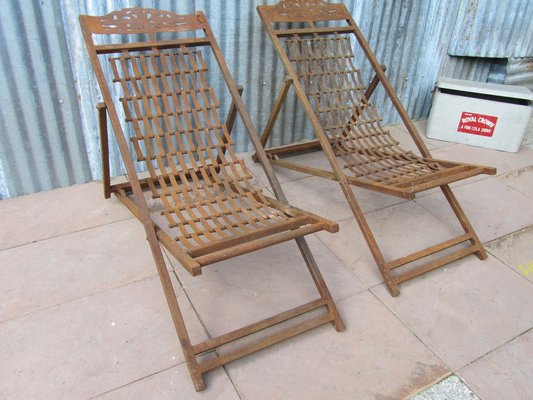 English Iron Steamer Ship Deck Chairs 1920s Set of 2
