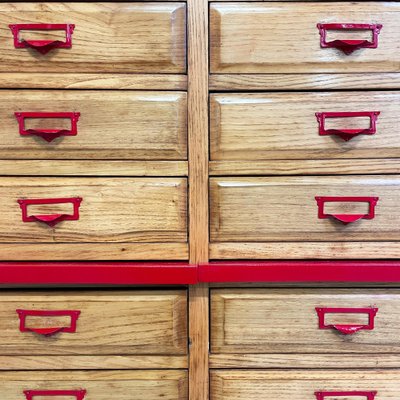 Mid-Century Modern Italian Office Filing Cabinet in Wood and Red Metal,  1940s for sale at Pamono