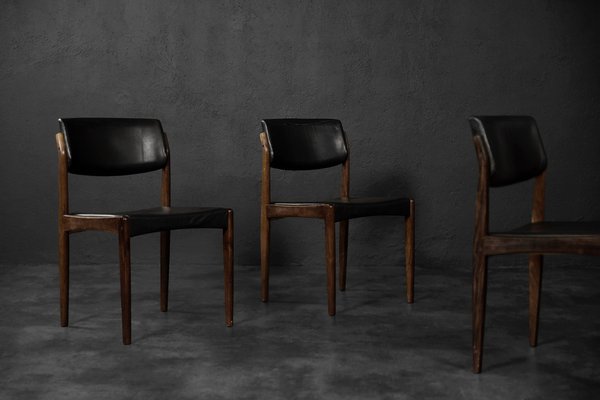 Mid Century Scandinavian Modern Rosewood Black Leather Chairs by