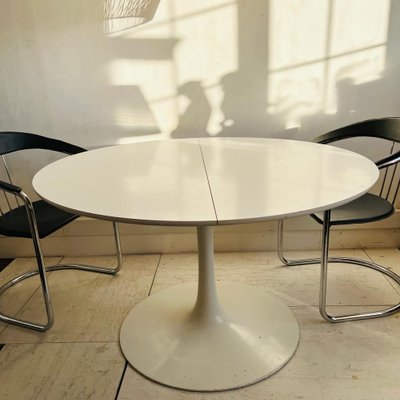Round Extendable White Tulip Dining Table by Maurice Burke for