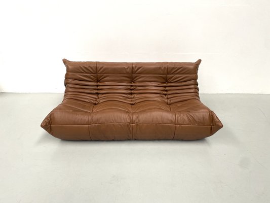 French Togo Sofa In Dark Cognac Leather