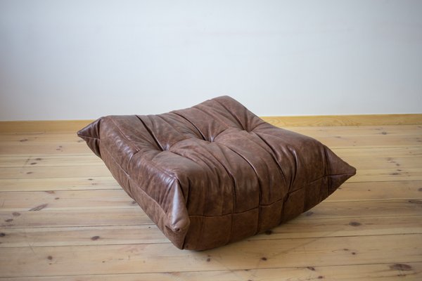 Togo Pouf in Dark Brown Leather by Michel Ducaroy for Ligne Roset 