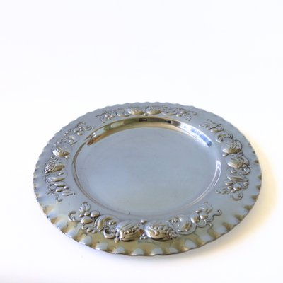 Vintage Silver Plated Round Tray with Embossed Flower Pattern
