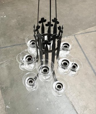 Mid-Century Swedish Wrought Iron and Glass Candle Chandelier Mid-Century Swedish Wrought Iron and Glass Candle Chandelier