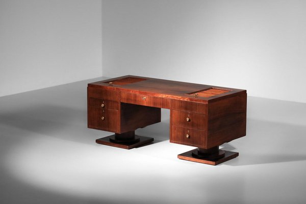 Large Art Deco Desk with Wood and Brass Curtain 1930s for sale at