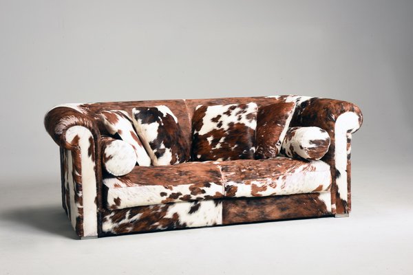 Baxter Brown and White Cow Fur Leather Sofa with Pillows Italy